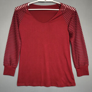 MICHOLL Casual Top Womens Medium Burgundy Red V-neck Striped Sheer Long Sleeves